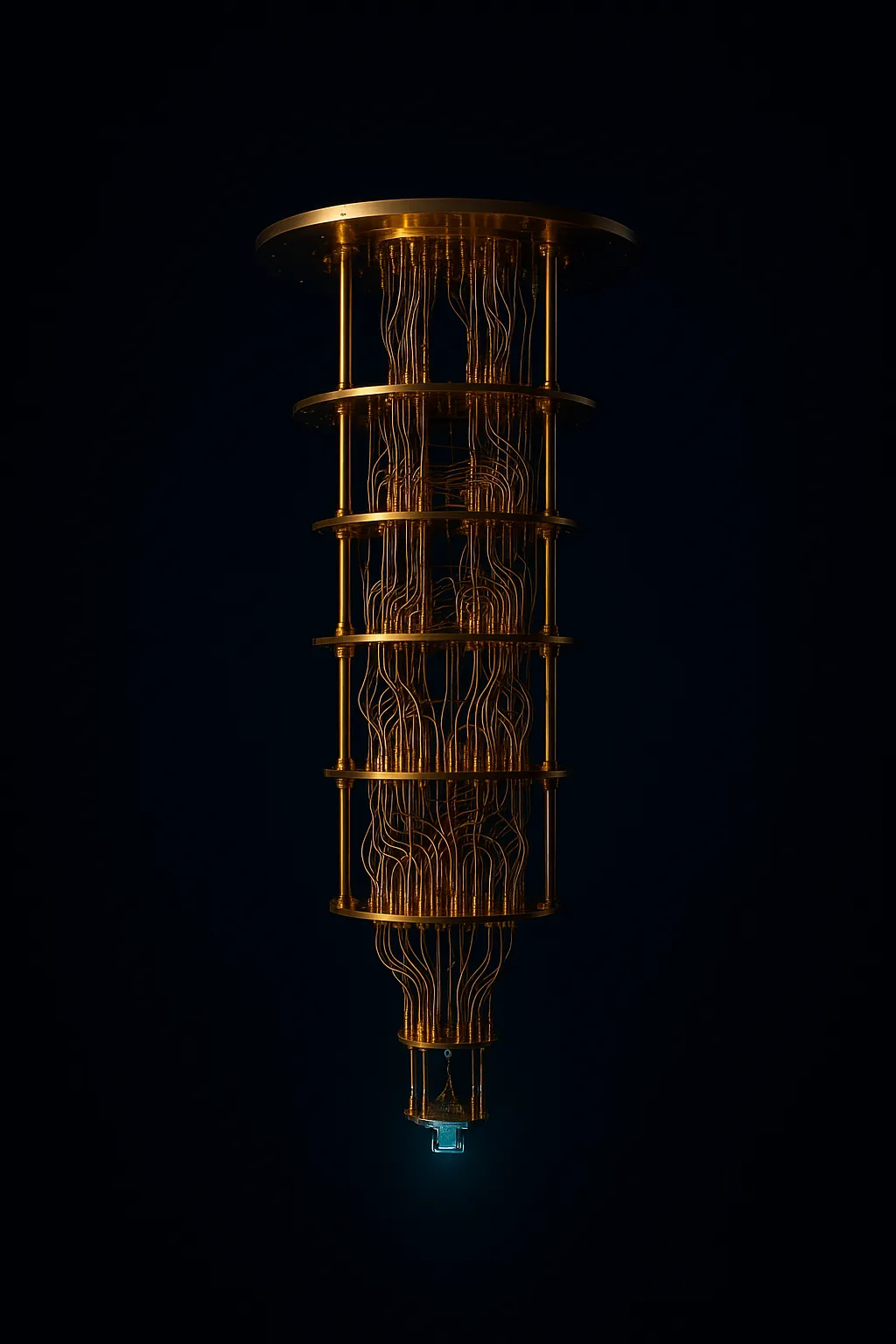 Full height view of a dilution refrigerator, showing the stacked gold-plated cooling stages and wiring that surround a quantum processor