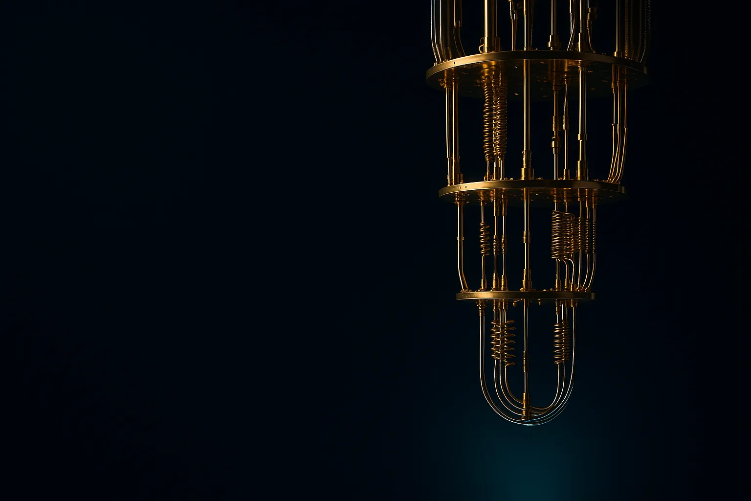 Wide view of a dilution refrigerator in a quantum computing laboratory, its gold-plated cooling stages exposed